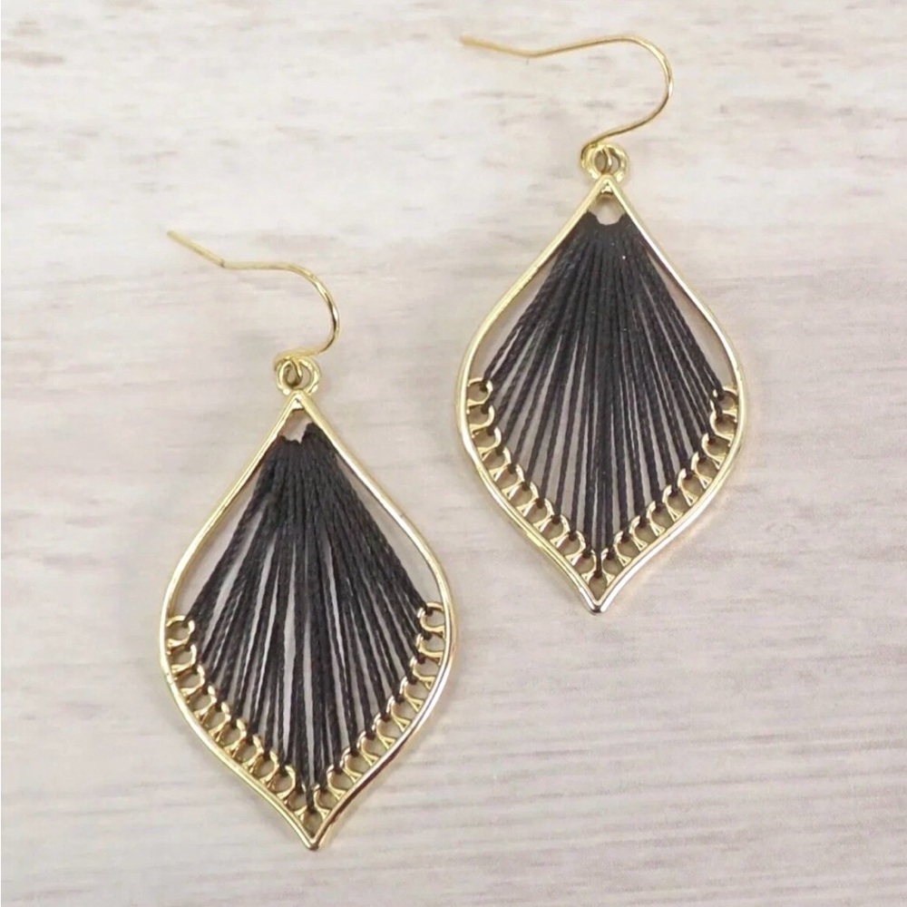Black teardrop shape fashion earrings with black fabric center and gold finish